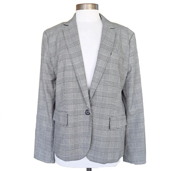 ANN TAYLOR One-button Blazer In Glen Plaid In Black / White Size 14 Stretch - Picture 4 of 7